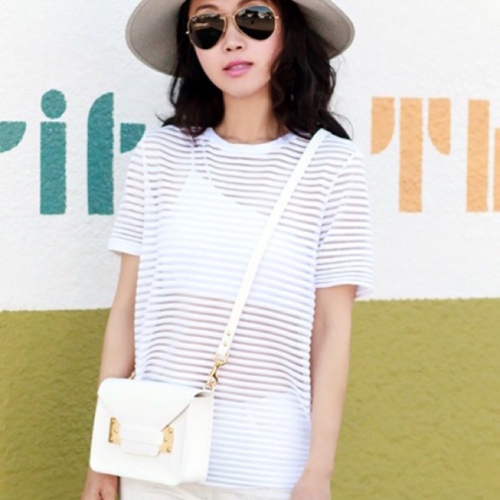 Zara Knit White Shimmer Striped Sheer Tee